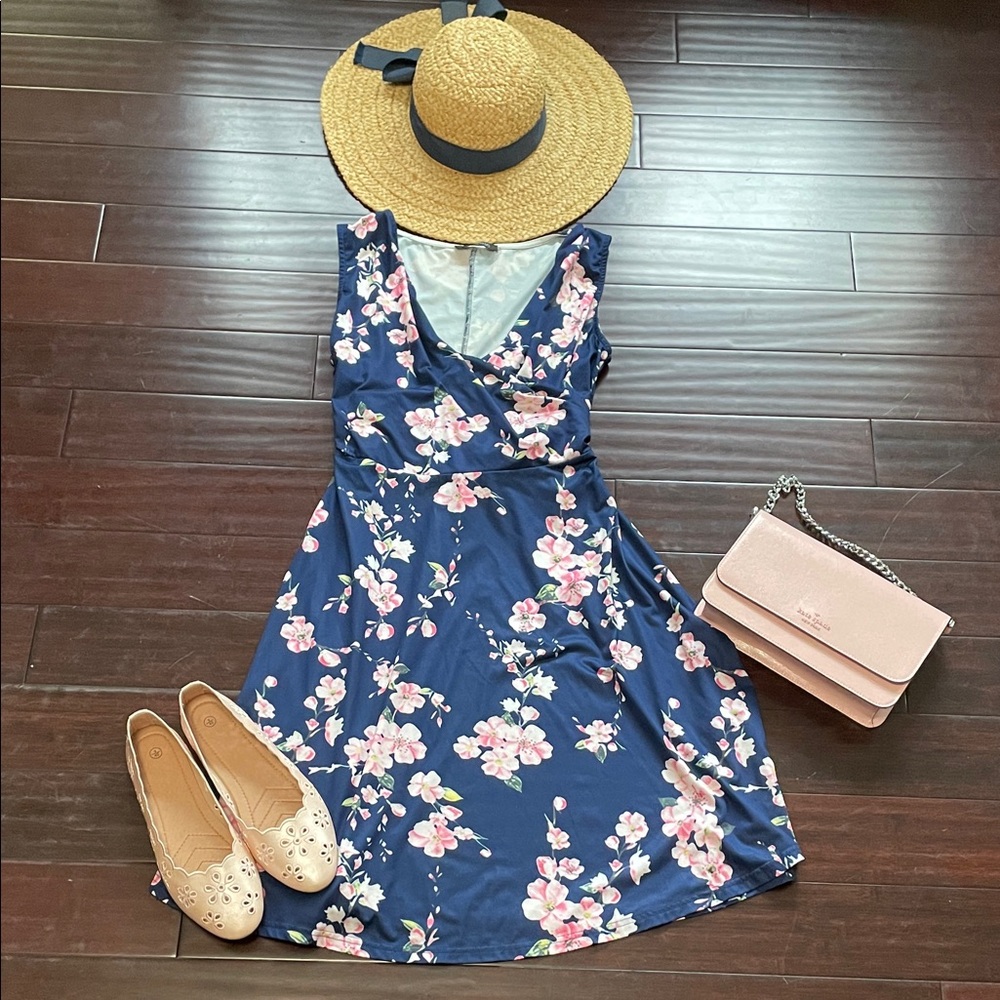Romantic Navy Floral Faux Wrap Cottagecore Womens Midi Dress XL